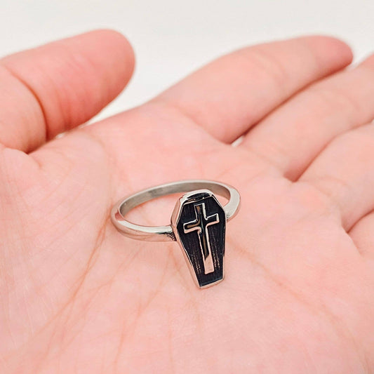 Cross Coffin Shape Stainless Steel Ring
