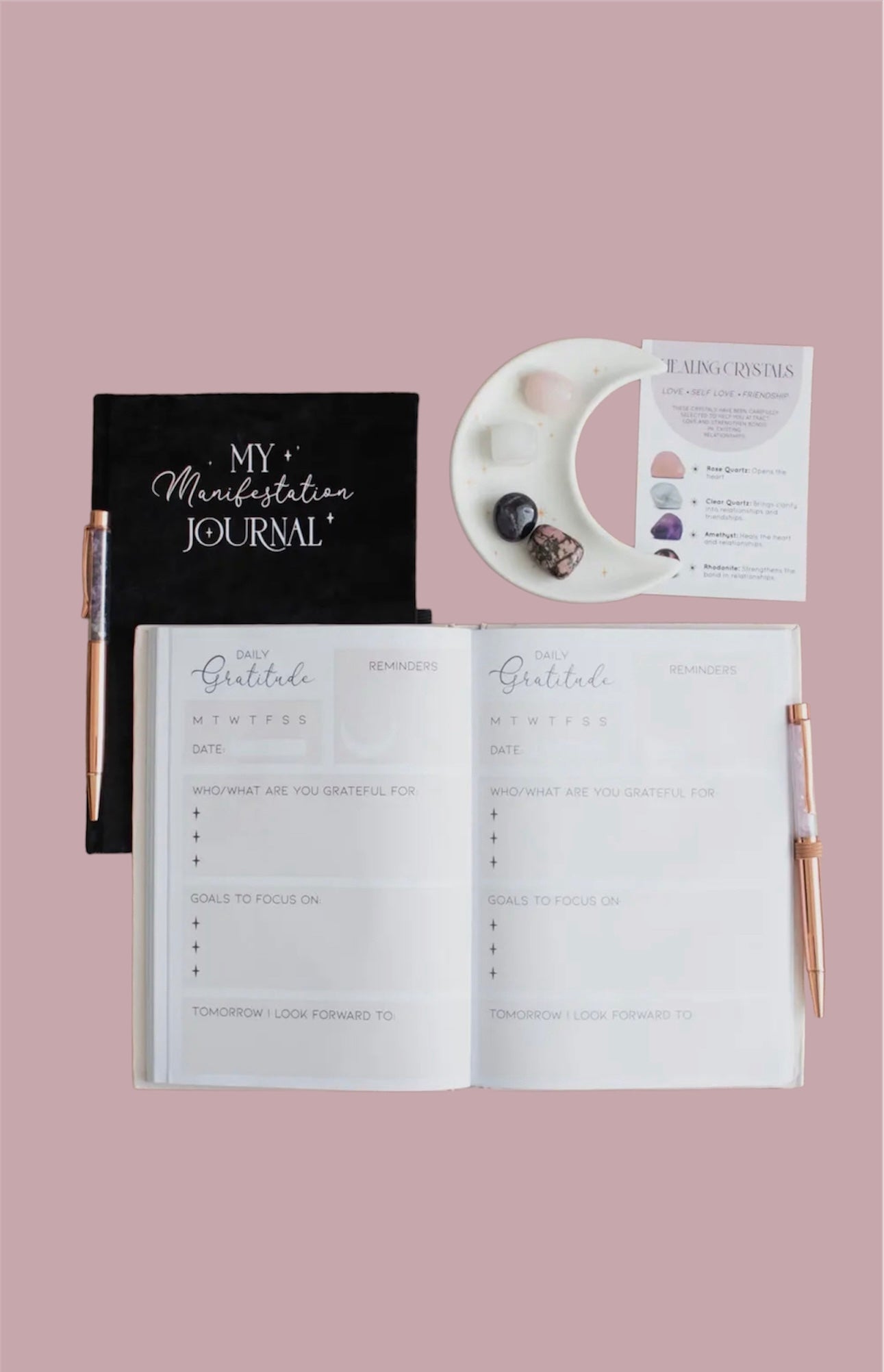 Gratitude Journal Notebook with Rose
Quartz Crytal Pen