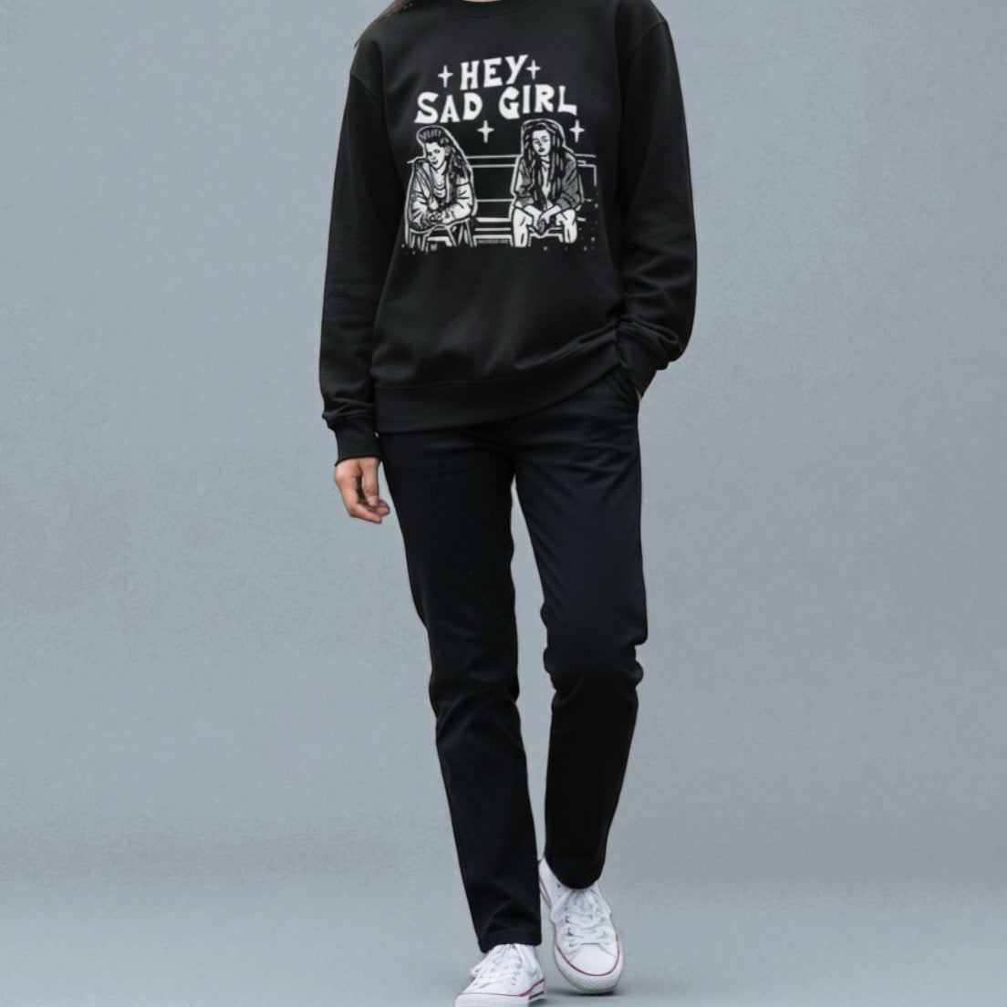 HEY SAD GIRL BENCH BLACK CREWNECK SWEATER