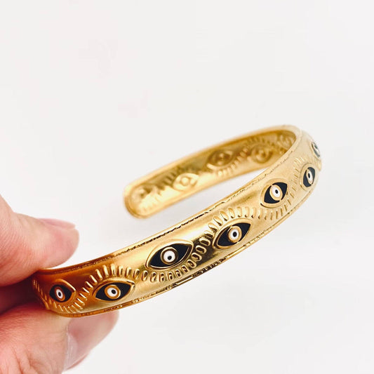 Black Evil Eye Cuff 18k Gold Plated Steel Bangle