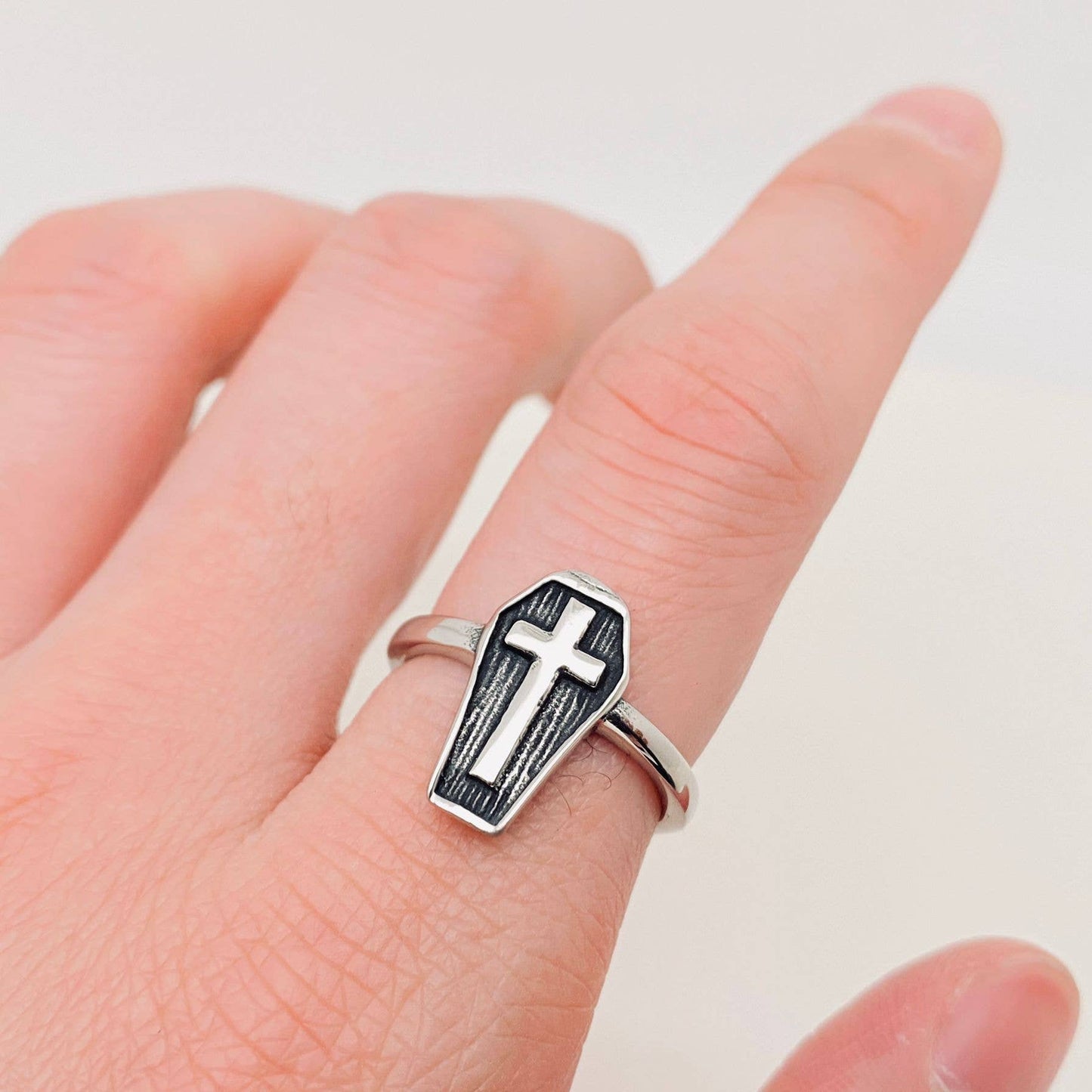 Cross Coffin Shape Stainless Steel Ring